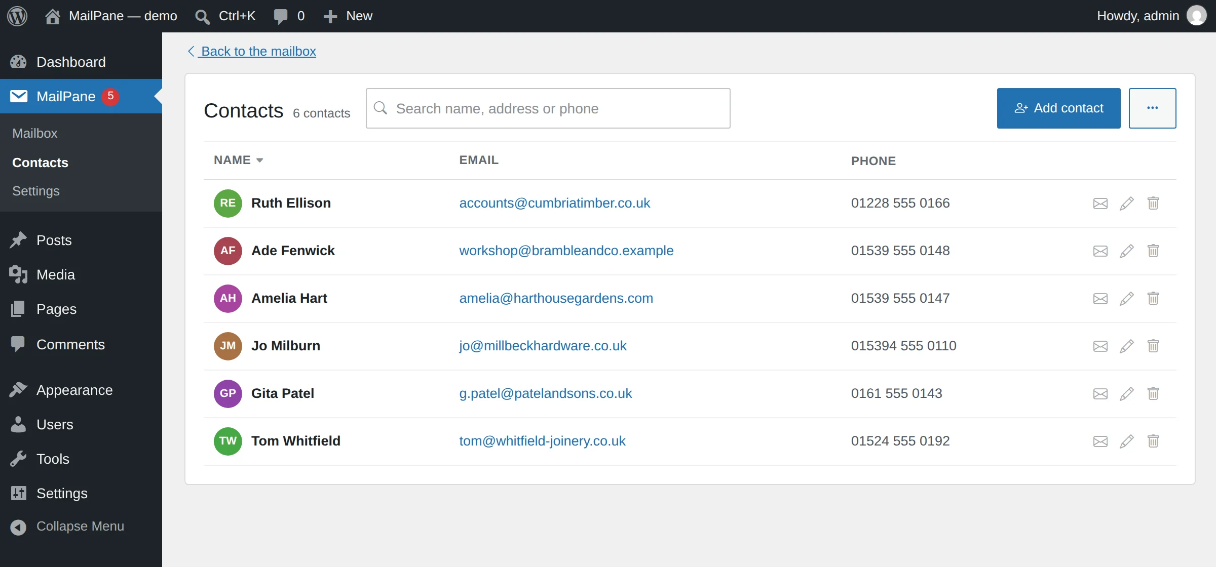 The contacts screen listing six people with their email addresses and phone numbers