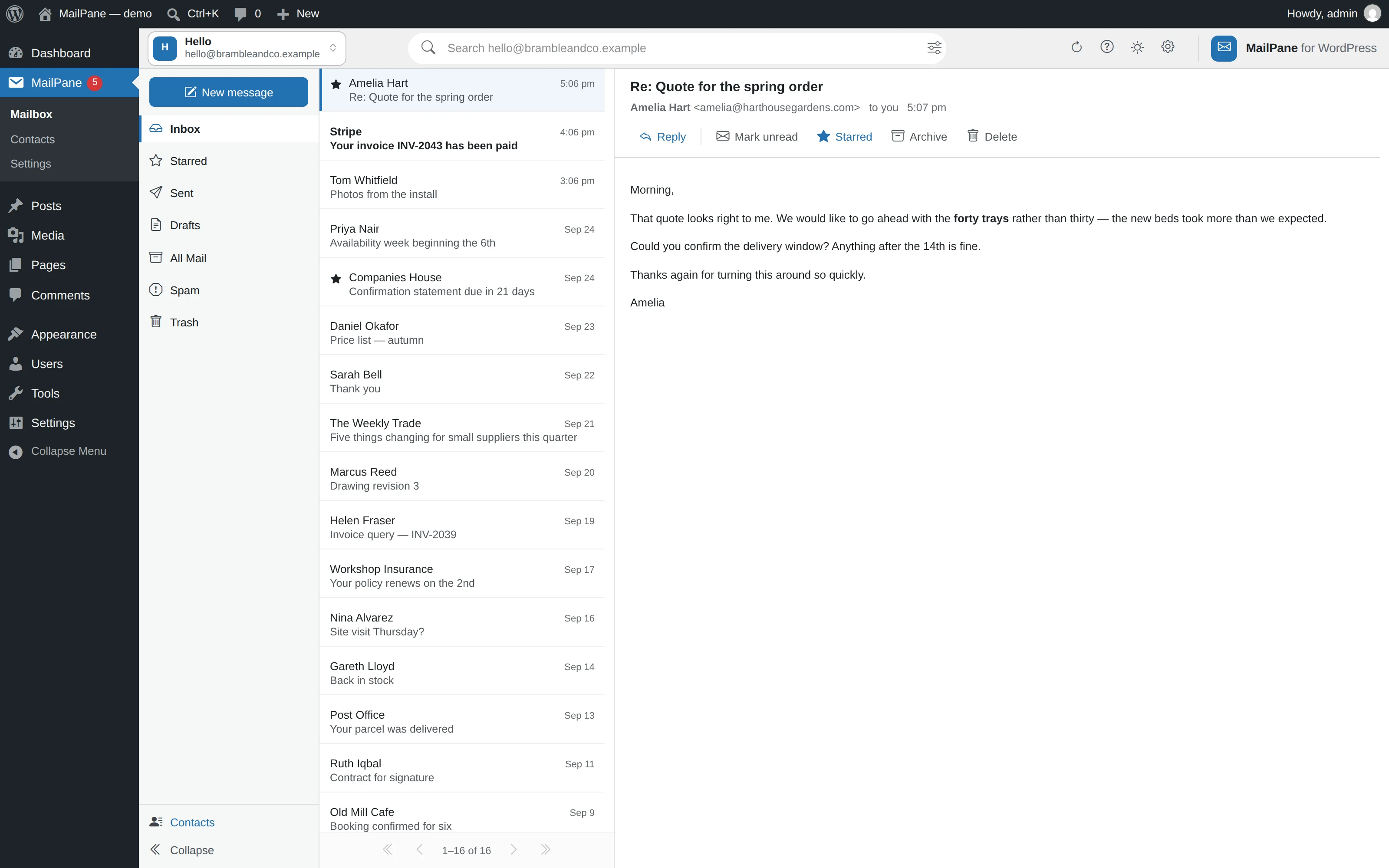 MailPane running inside the WordPress dashboard: the folder rail, the message list, and a message open in the reading pane