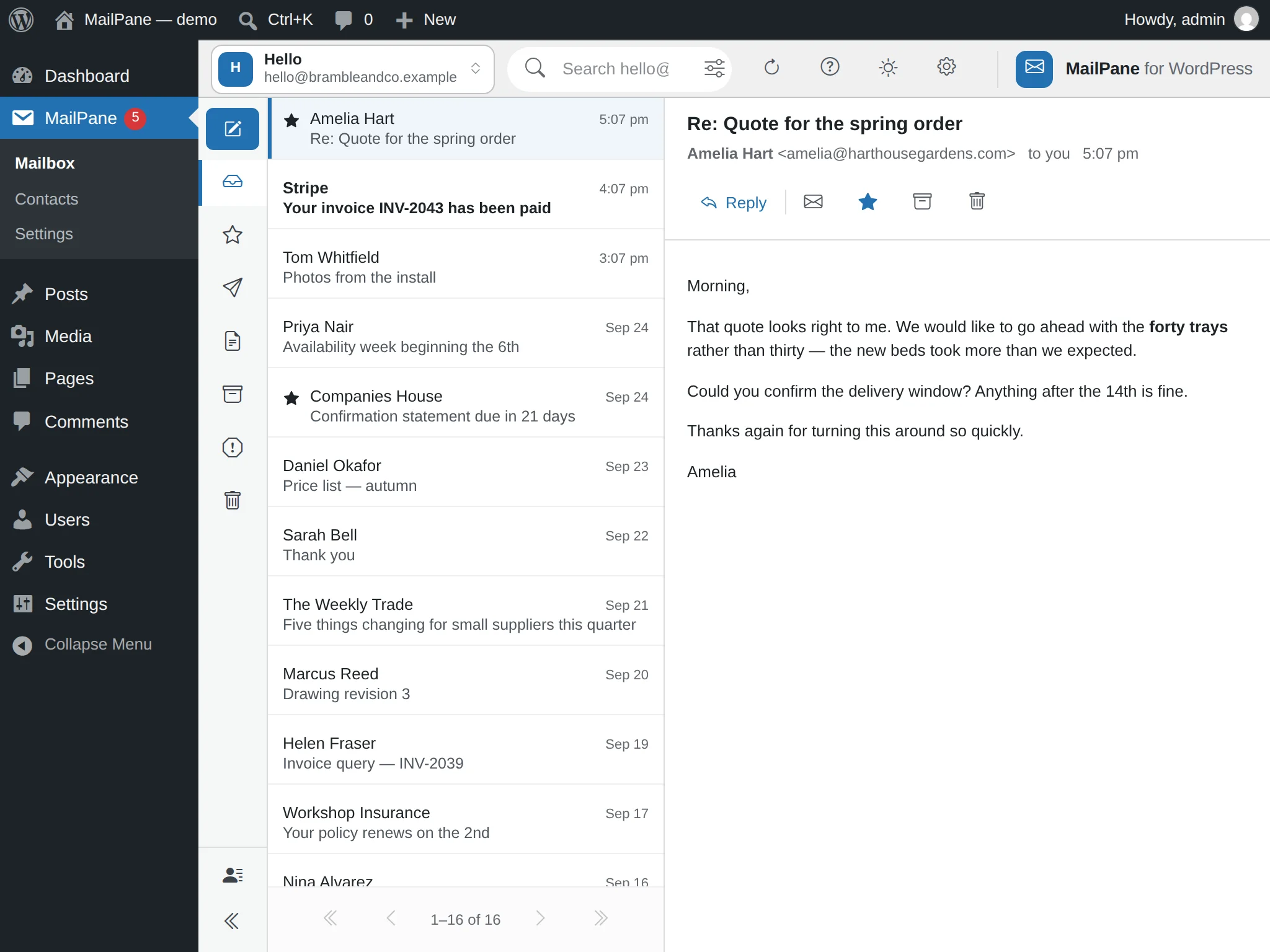 MailPane on a tablet held in landscape, showing the folder rail, the message list and a message